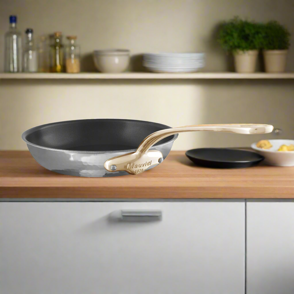 Mauviel M'ELITE B Hammered 5-Ply Nonstick Frying Pan With Brass Handle, 11.8-In