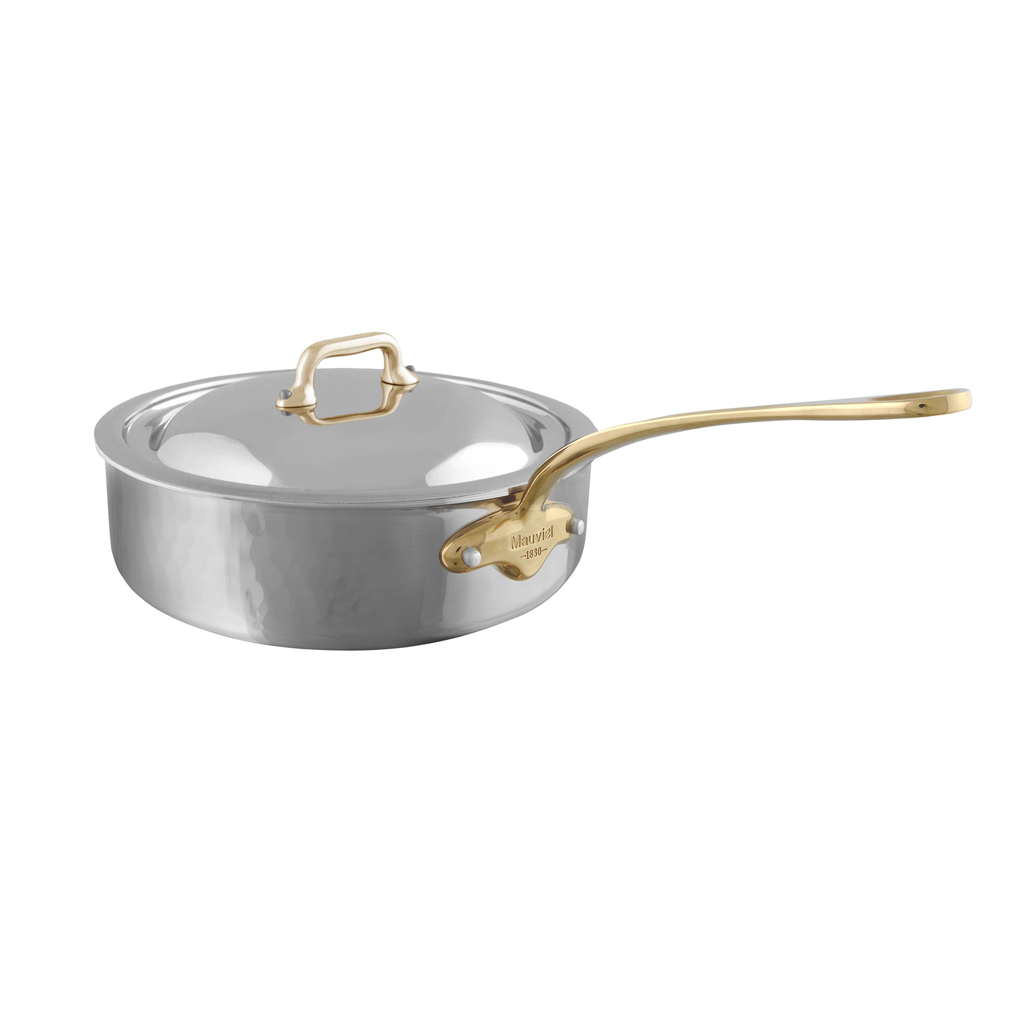 Mauviel M'ELITE B Hammered 5-Ply Saute Pan With Curved Lid, Brass Handle, 5.1-Qt