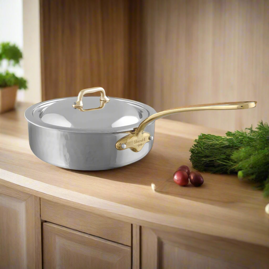 Mauviel M'ELITE B Hammered 5-Ply Saute Pan With Curved Lid, Brass Handle, 3.2-Qt