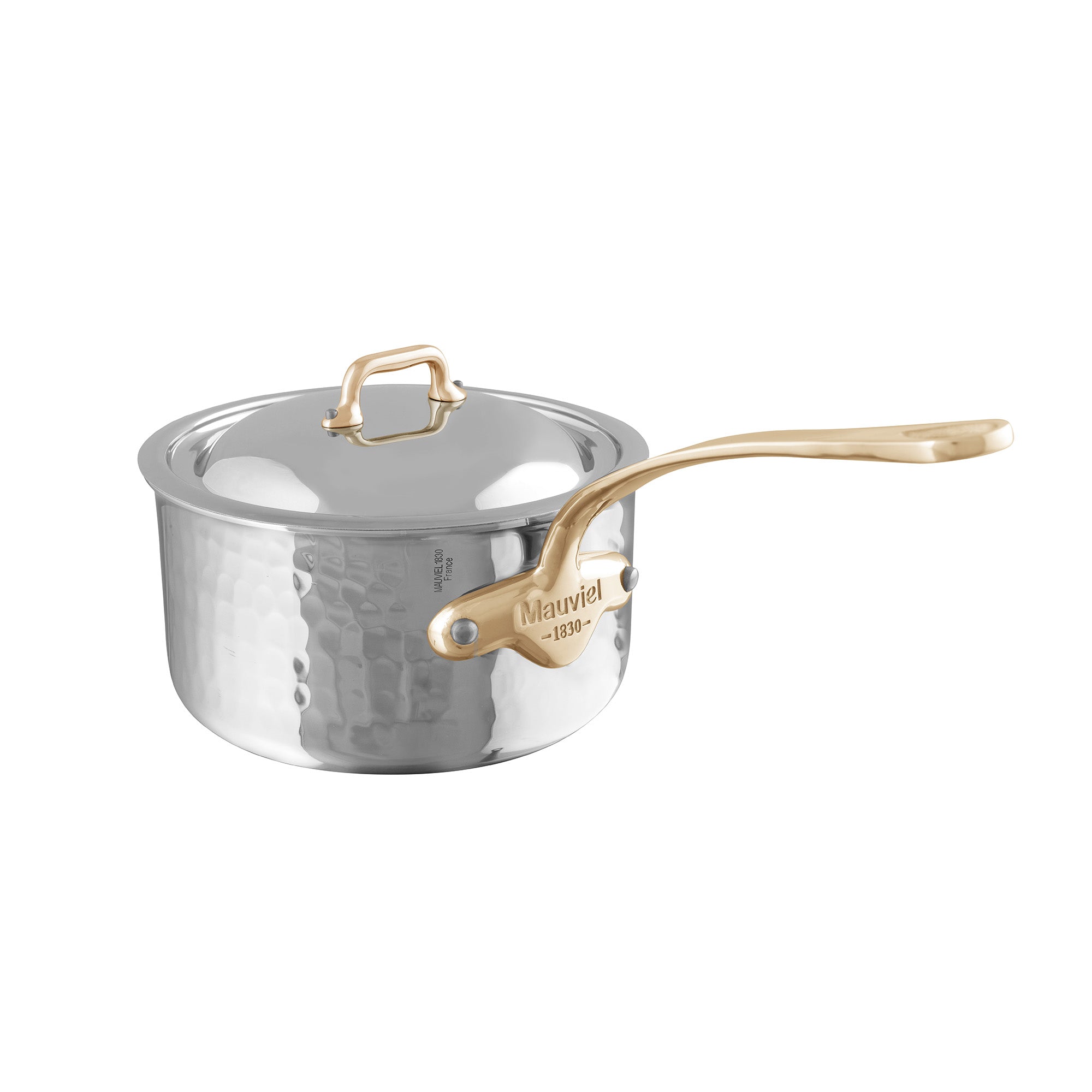 Mauviel M'ELITE B Hammered 5-Ply Sauce Pan With Curved Lid, Brass Handle, 2.6-Qt