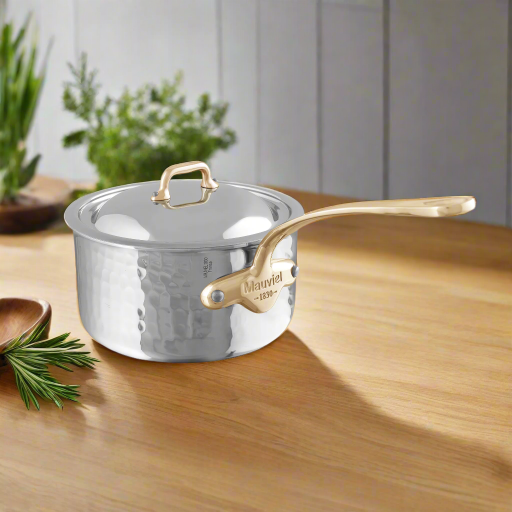 Mauviel M'ELITE B Hammered 5-Ply Sauce Pan With Curved Lid, Brass Handle, 2.6-Qt