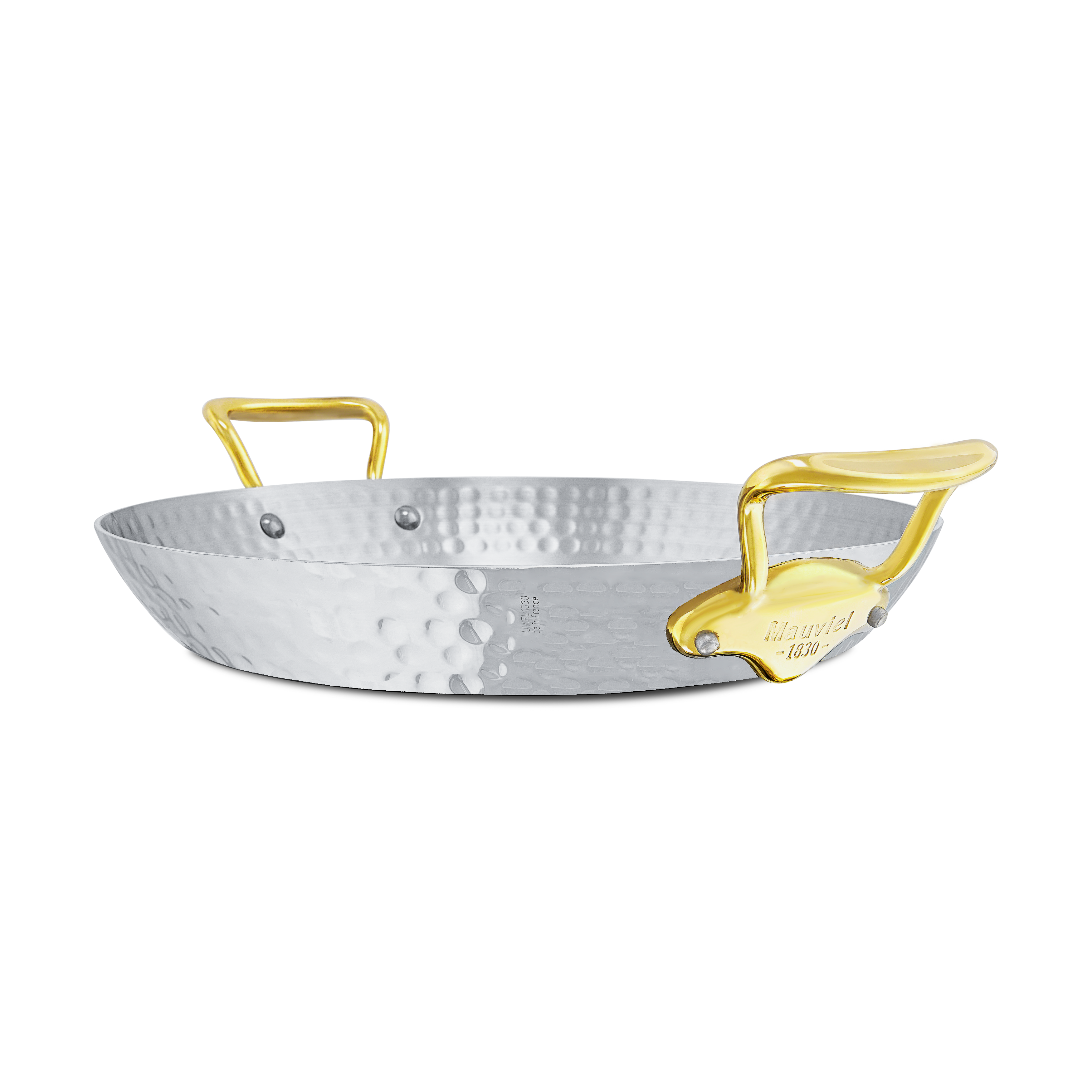 Mauviel M'ELITE B Hammered 5-Ply Paella Pan With Brass Handles, 13.8-In