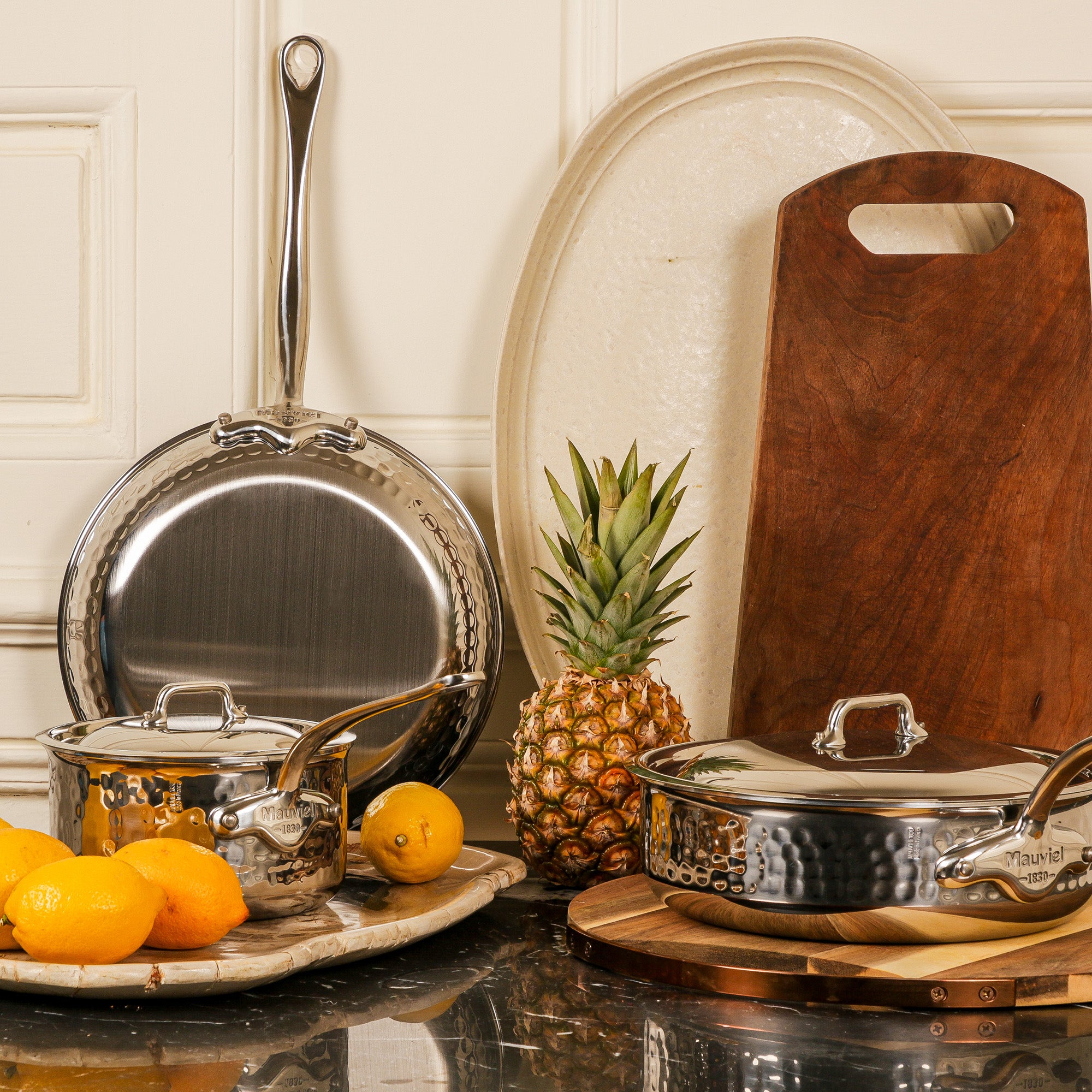 Mauviel M'ELITE Hammered 5-Ply Stewpan With Curved Lid, Cast Stainless Steel Handles, 9.2-Qt