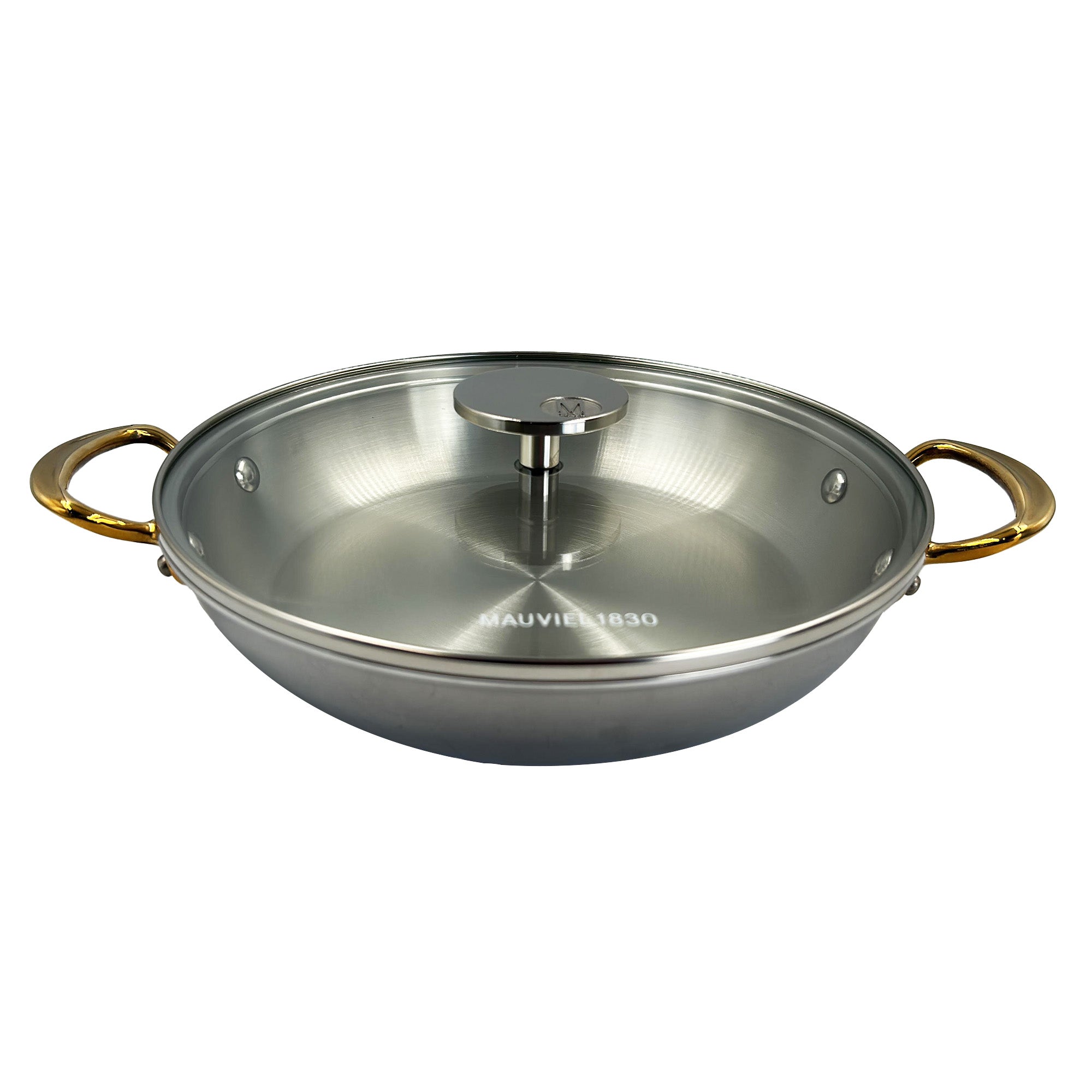 Mauviel M'COOK B 5-Ply Round Gratin Pan With Brass Handles And Glass Lid, 9.45-In