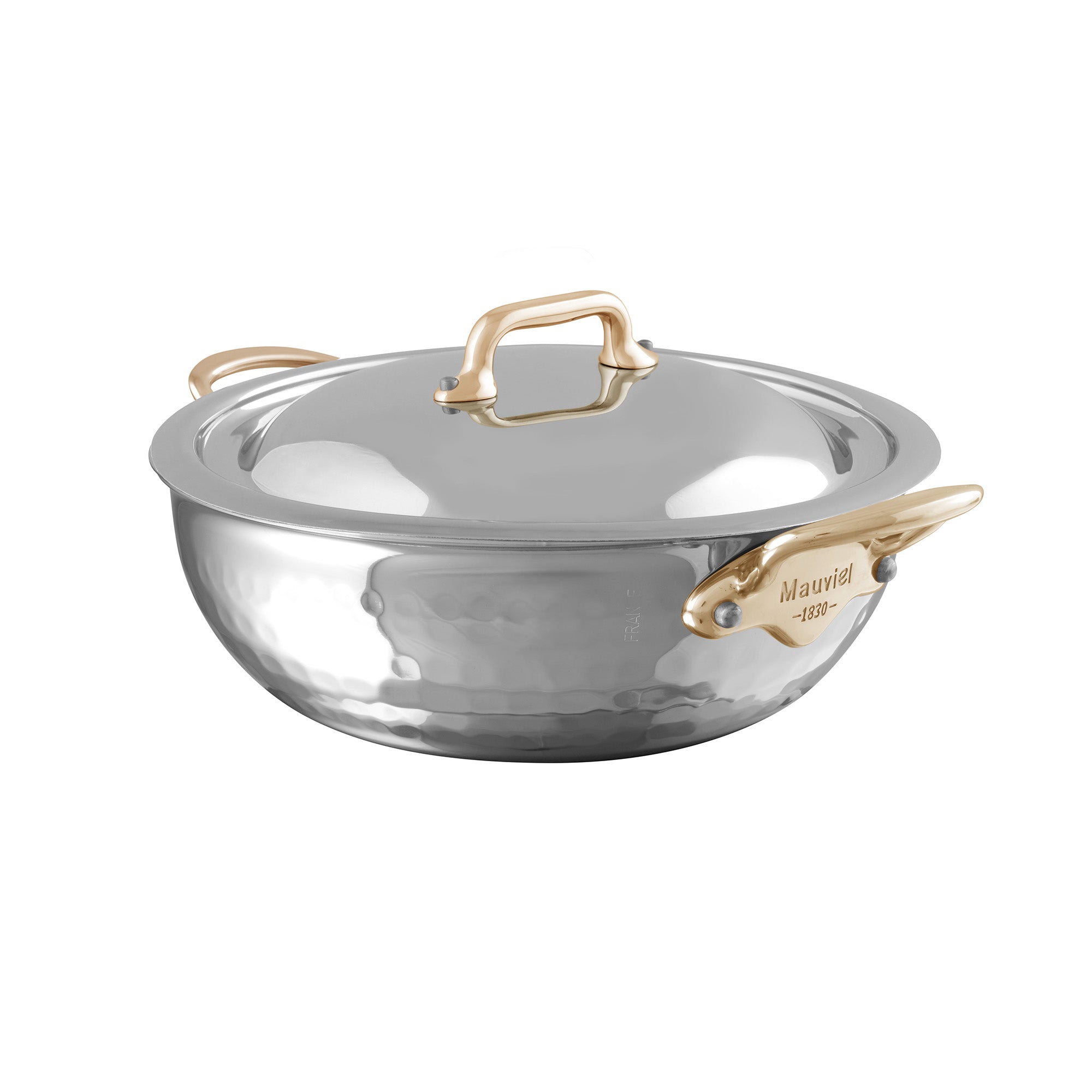 Mauviel M'ELITE B Hammered 5-Ply Curved Splayed Saute Pan With Dome Lid, Brass Handles, 3.3-Qt