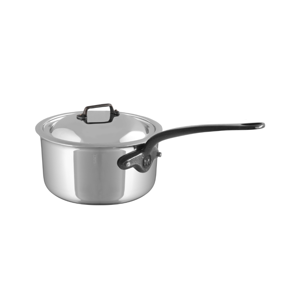 Mauviel M'COOK CI 5-Ply Stainless Steel Sauce Pan With Lid, Cast Iron Handle, 3.4-Qt