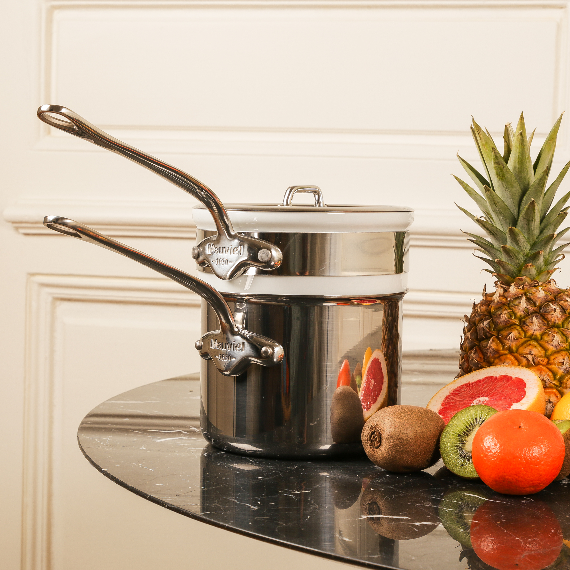 Mauviel Stainless Steel Bain Marie/Double Boiler With Lid, Cast Stainless Steel Handle, 0.9-Qt