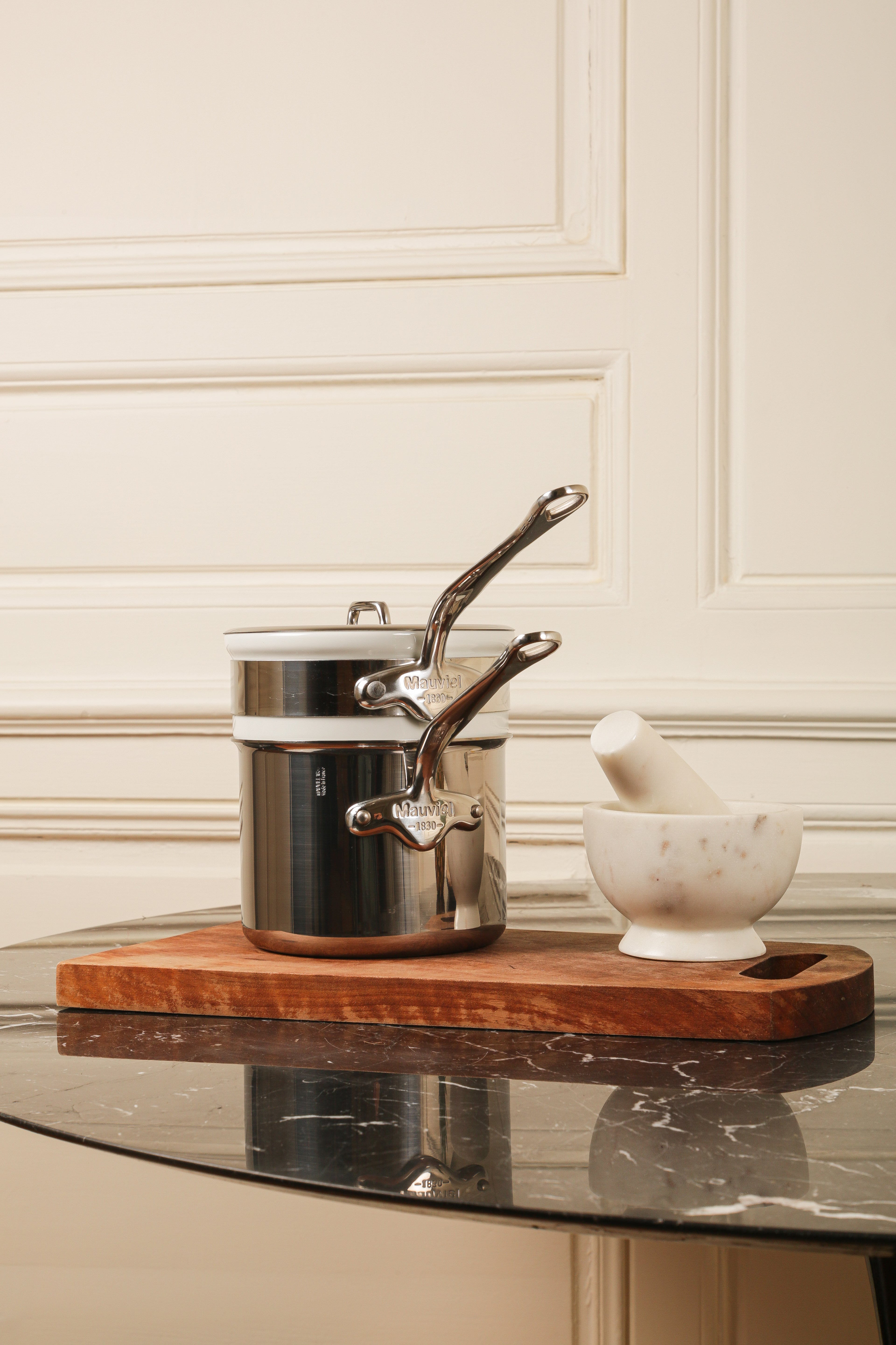 Mauviel Stainless Steel Bain Marie/Double Boiler With Lid, Cast Stainless Steel Handle, 0.9-Qt