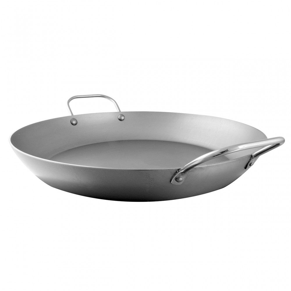 Mauviel M'STEEL Black Carbon Steel Paella Pan With Iron Handles, 15.7-In