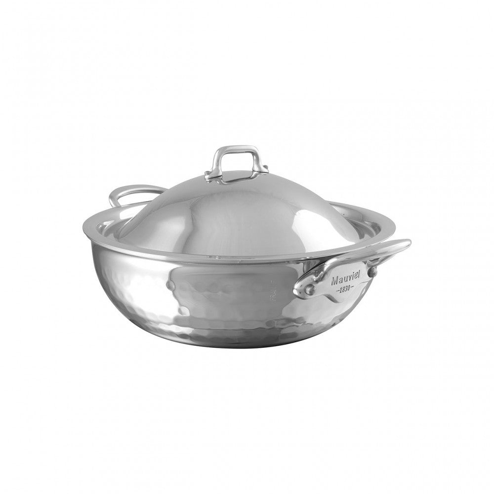 Mauviel M'ELITE Hammered 5-Ply Curved Splayed Saute Pan With Dome Lid, Cast Stainless Steel Handles, 2.1-Qt