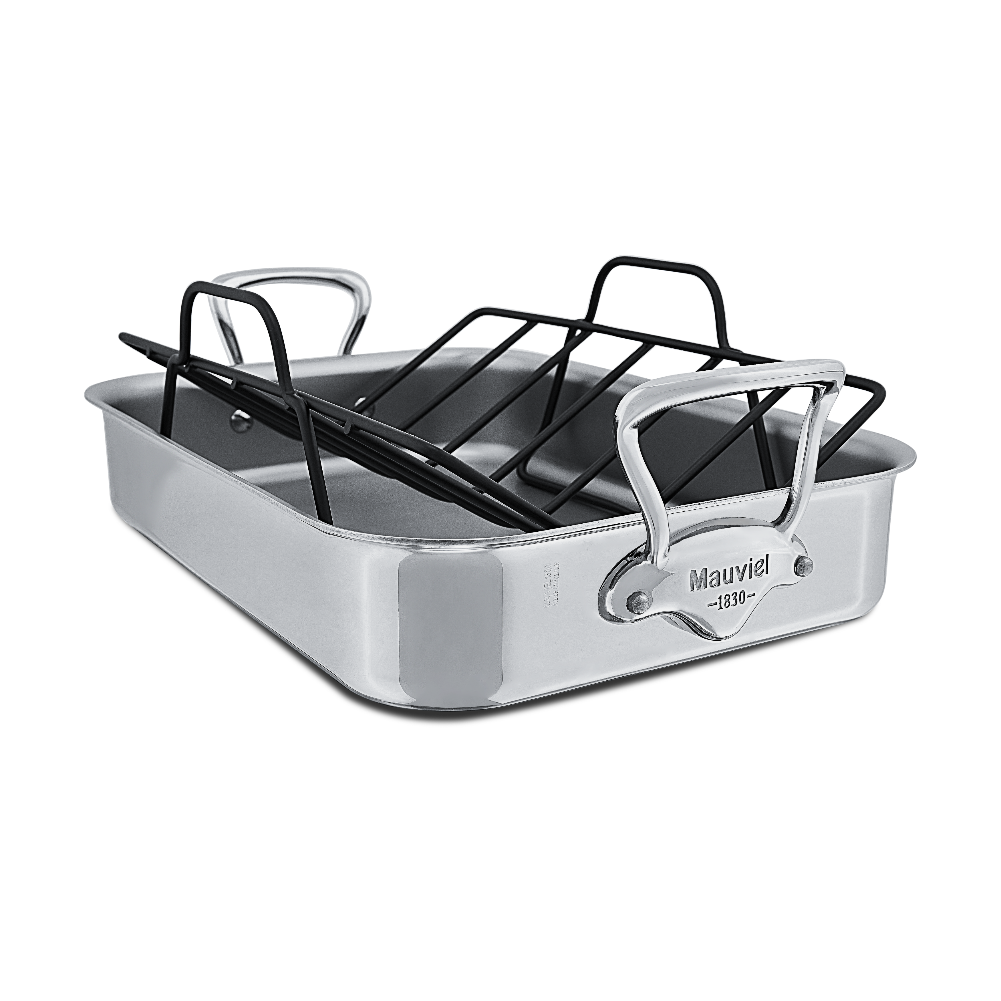 Mauviel Stainless Steel Roasting Pan With Rack, Cast Stainless Steel Handles, 13.7 x 9.8-In
