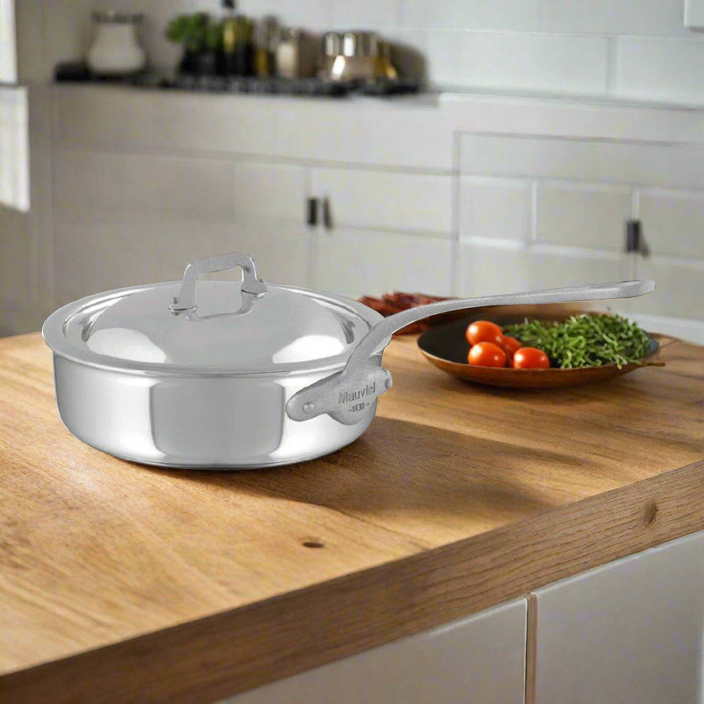 Mauviel M'Cook SB 5-Ply Saute Pan With Lid, Brushed Cast Stainless Steel Handle, 6-Qt