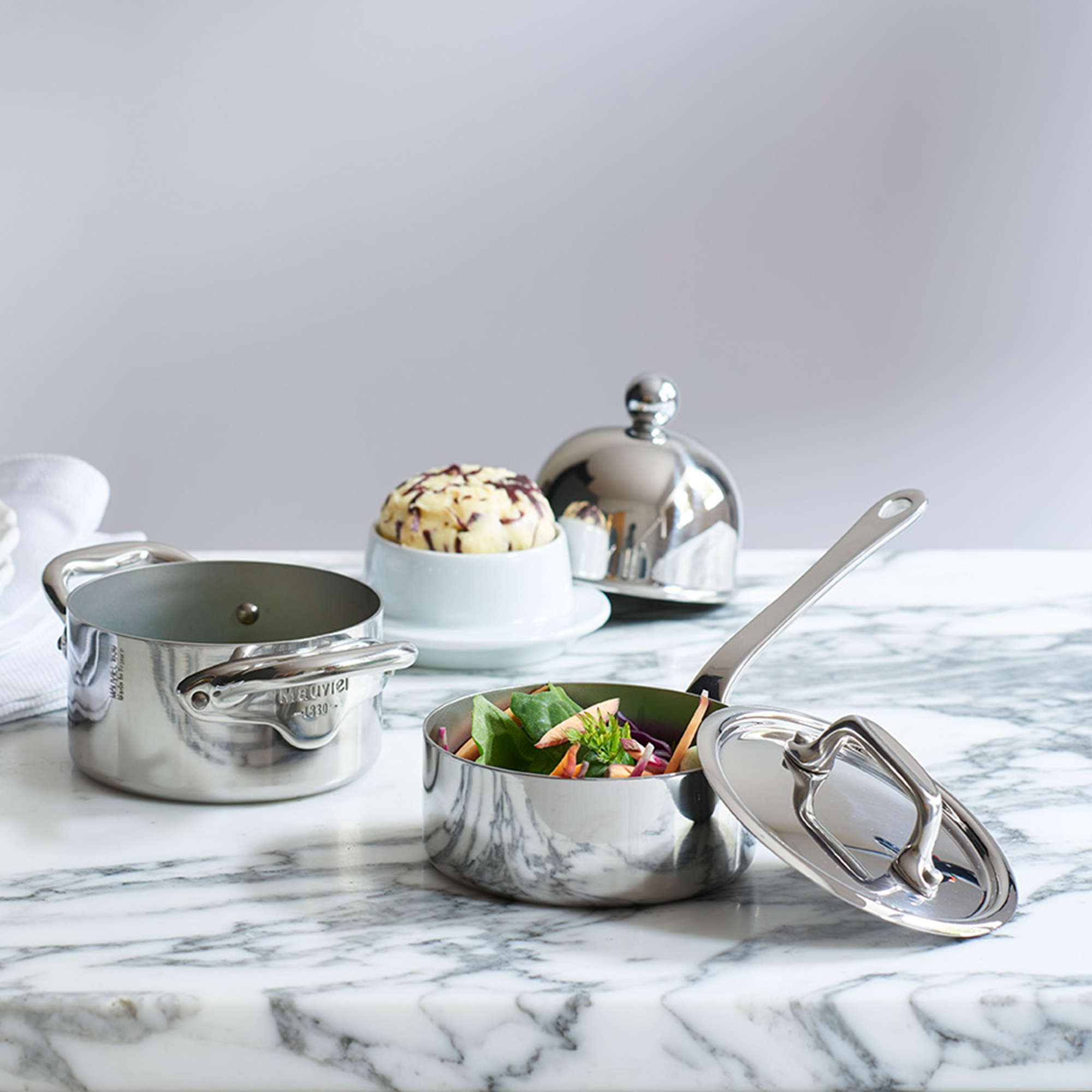 Mauviel M'MINIS Stainless Steel Sauce Pan With Brass Handle, 3.5-In