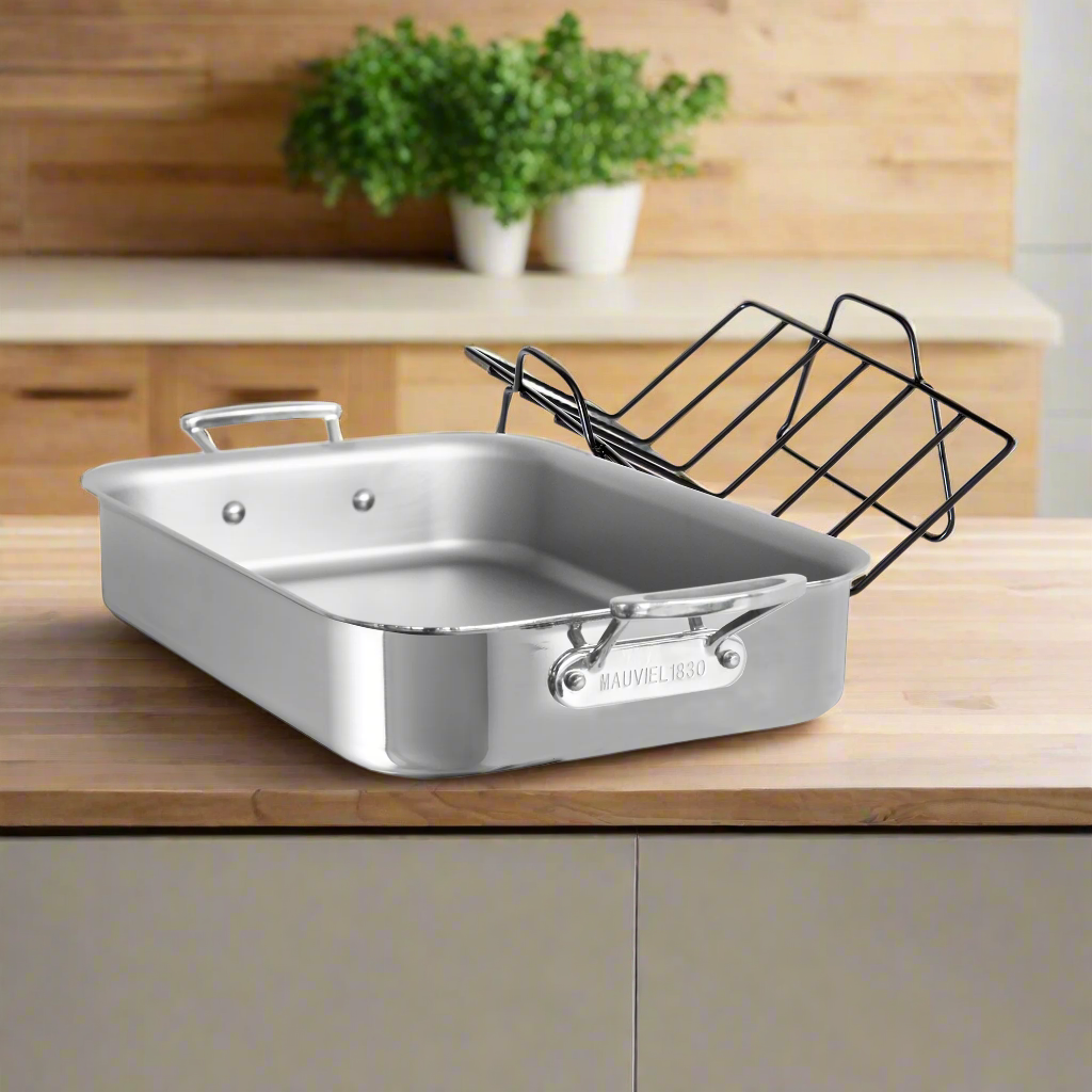 Mauviel Stainless Steel Roasting Pan With Rack, Cast Stainless Steel Handles, 15.7 x 11.8-In