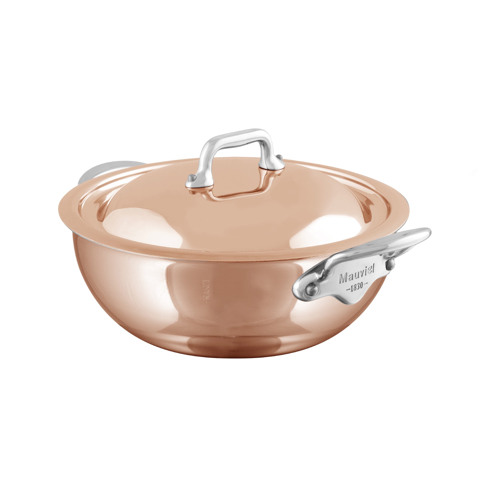 Mauviel M'Heritage M'6 S Induction Copper Splayed Curved Saute Pan With Lid, Cast Stainless Steel Handle, 2.1-Qt