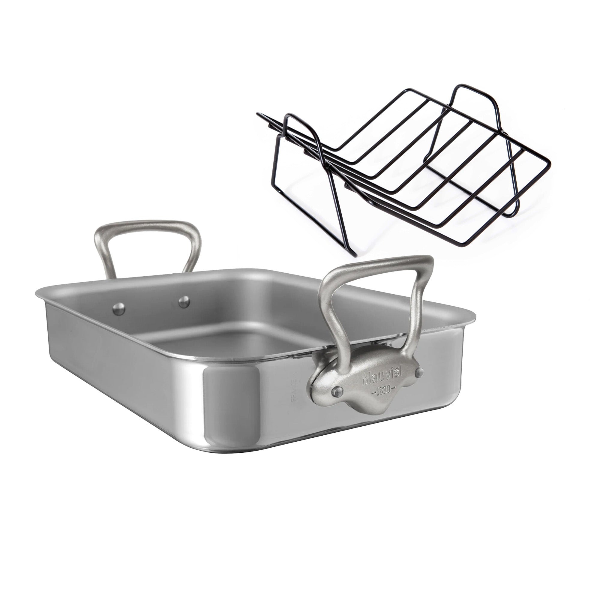 Mauviel Stainless Steel Roasting Pan With Rack And Brushed Cast Stainless Steel Handles, 15.7 x 11.8-In