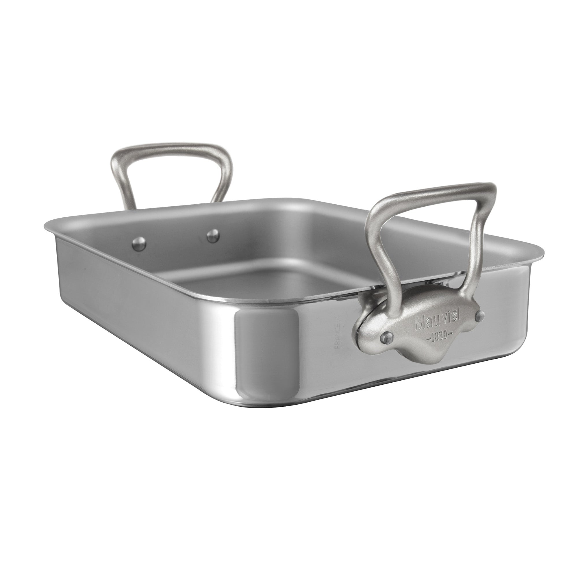 Mauviel Stainless Steel Roasting Pan With Rack And Brushed Cast Stainless Steel Handles, 15.7 x 11.8-In