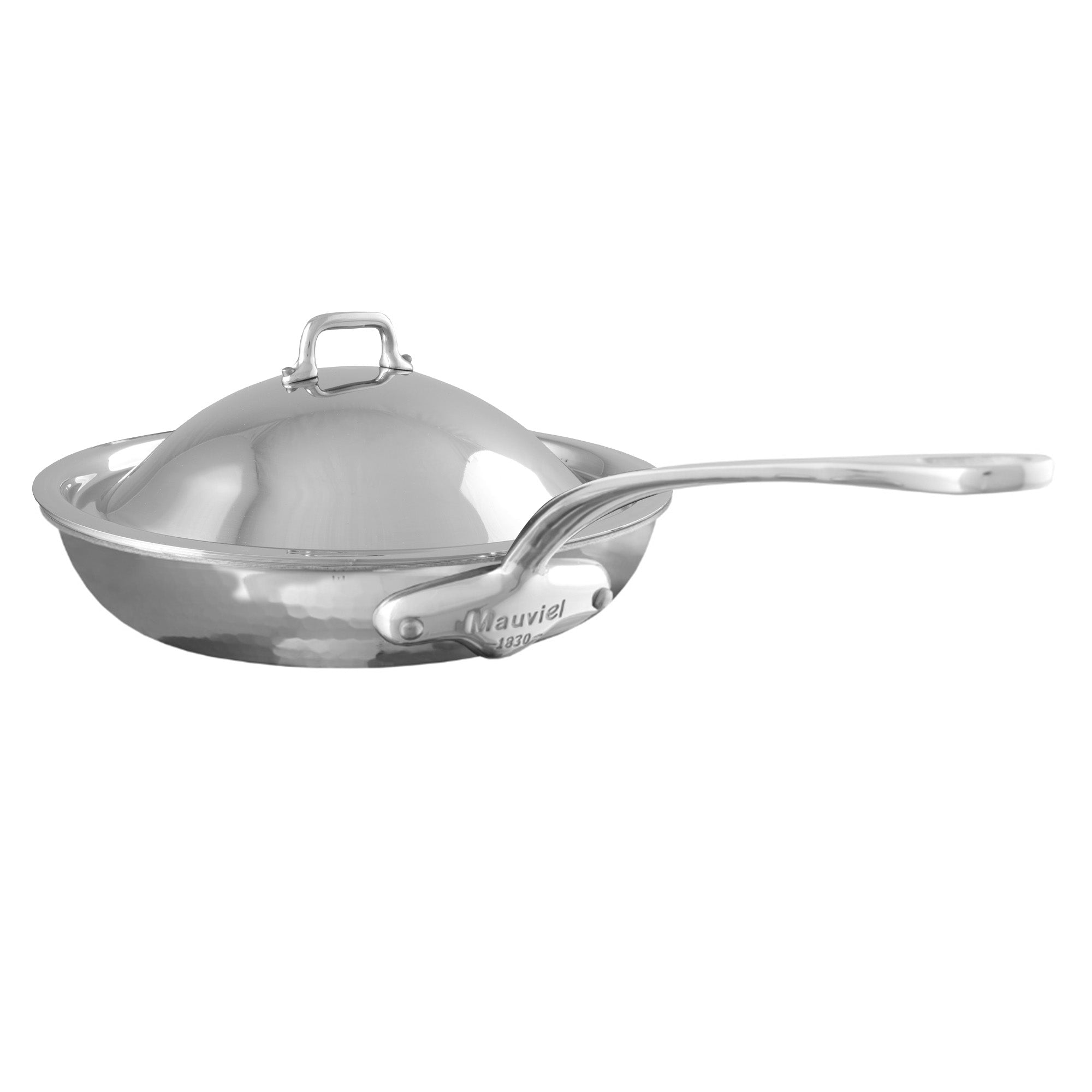 Mauviel M'ELITE Hammered 5-Ply Nonstick Frying Pan With Curved Domed Lid, Cast Stainless Steel Handle, 9.4-In