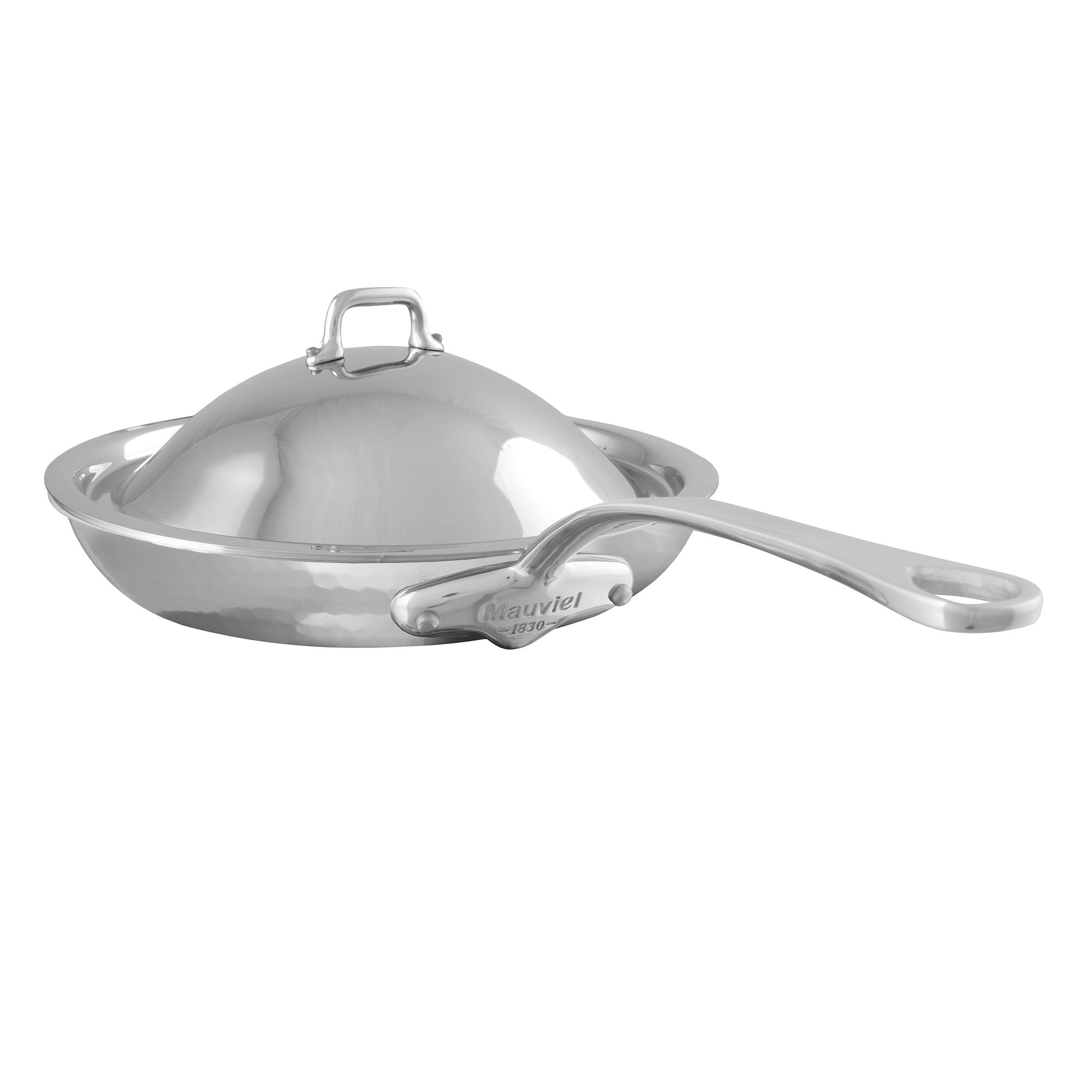 Mauviel M'ELITE Hammered 5-Ply Frying Pan With Curved Domed Lid, Cast Stainless Steel Handles, 9.4-In