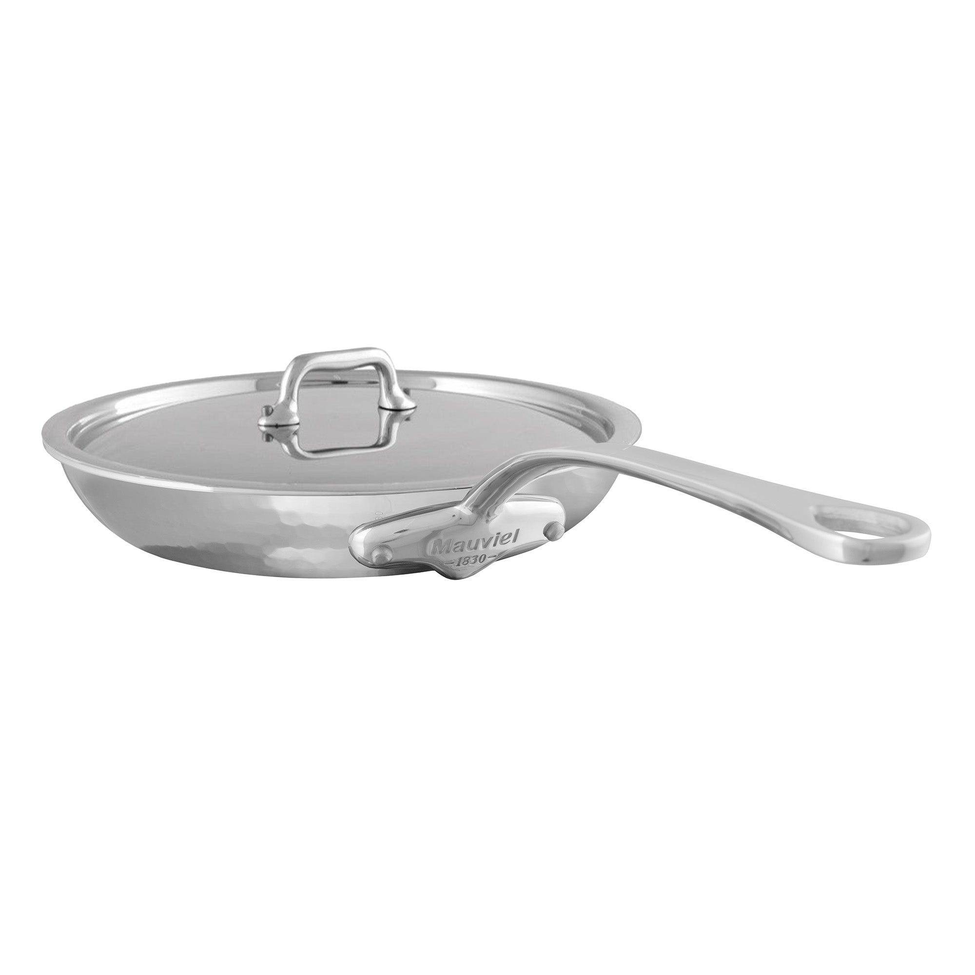 Mauviel M'ELITE Hammered 5-Ply Frying Pan With Lid, Cast Stainless Steel Handles, 9.4-In