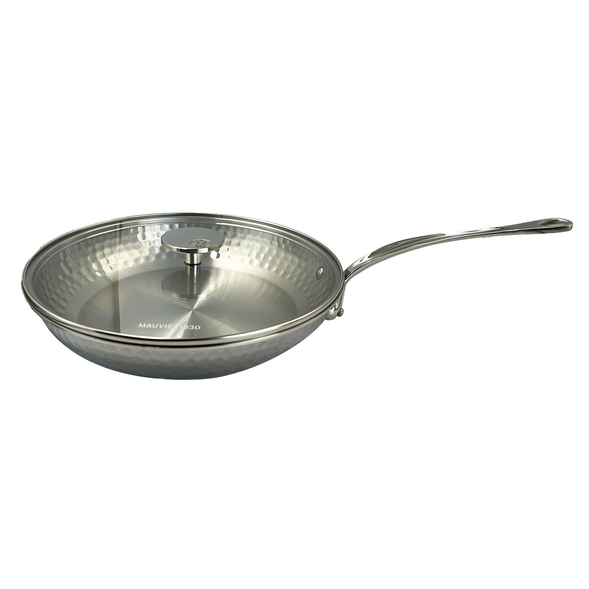 Mauviel M'ELITE Hammered 5-Ply Frying Pan With Glass Lid, Cast Stainless Steel Handle, 11-In