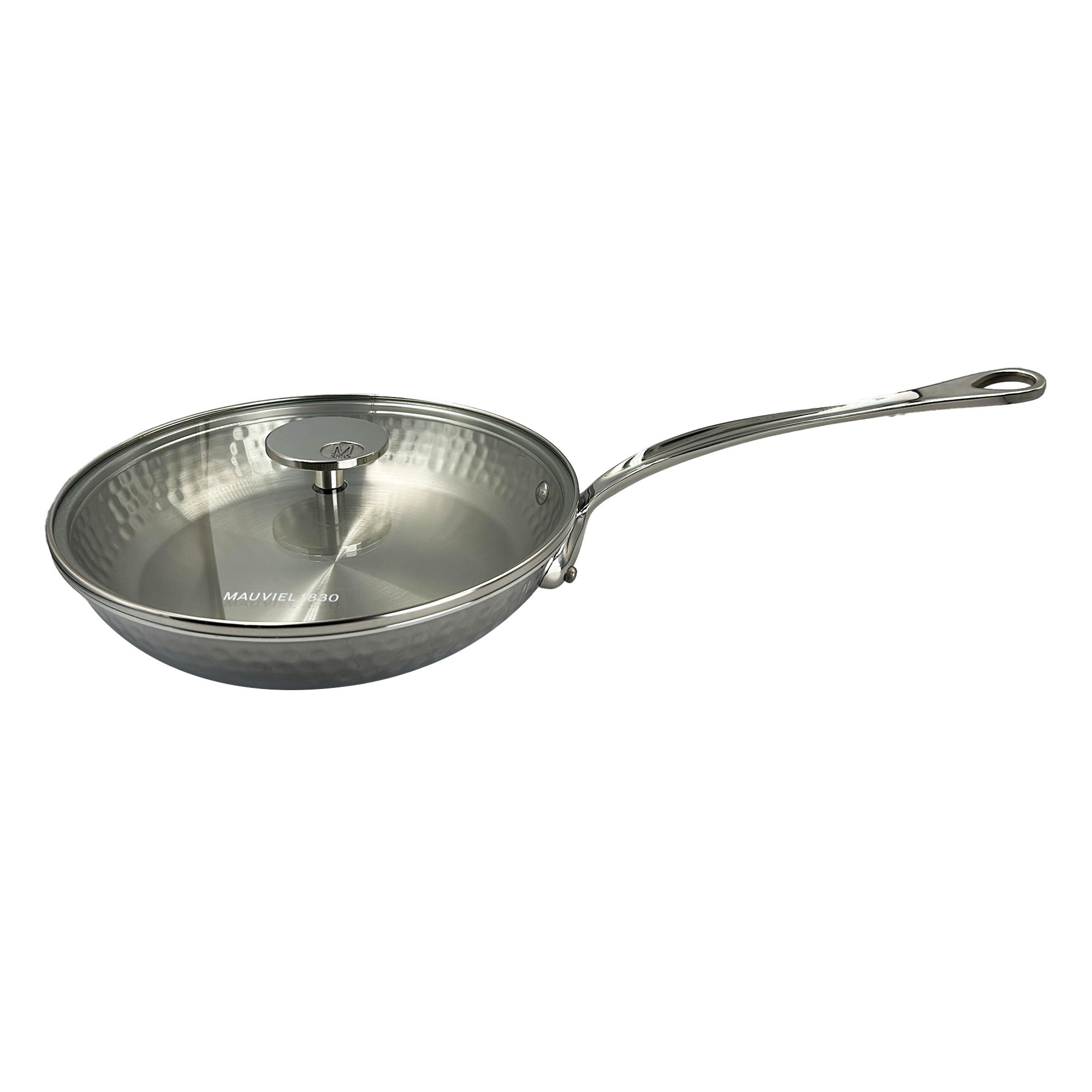 Mauviel M'ELITE Hammered 5-Ply Frying Pan With Glass Lid, Cast Stainless Steel Handles, 9.4-In