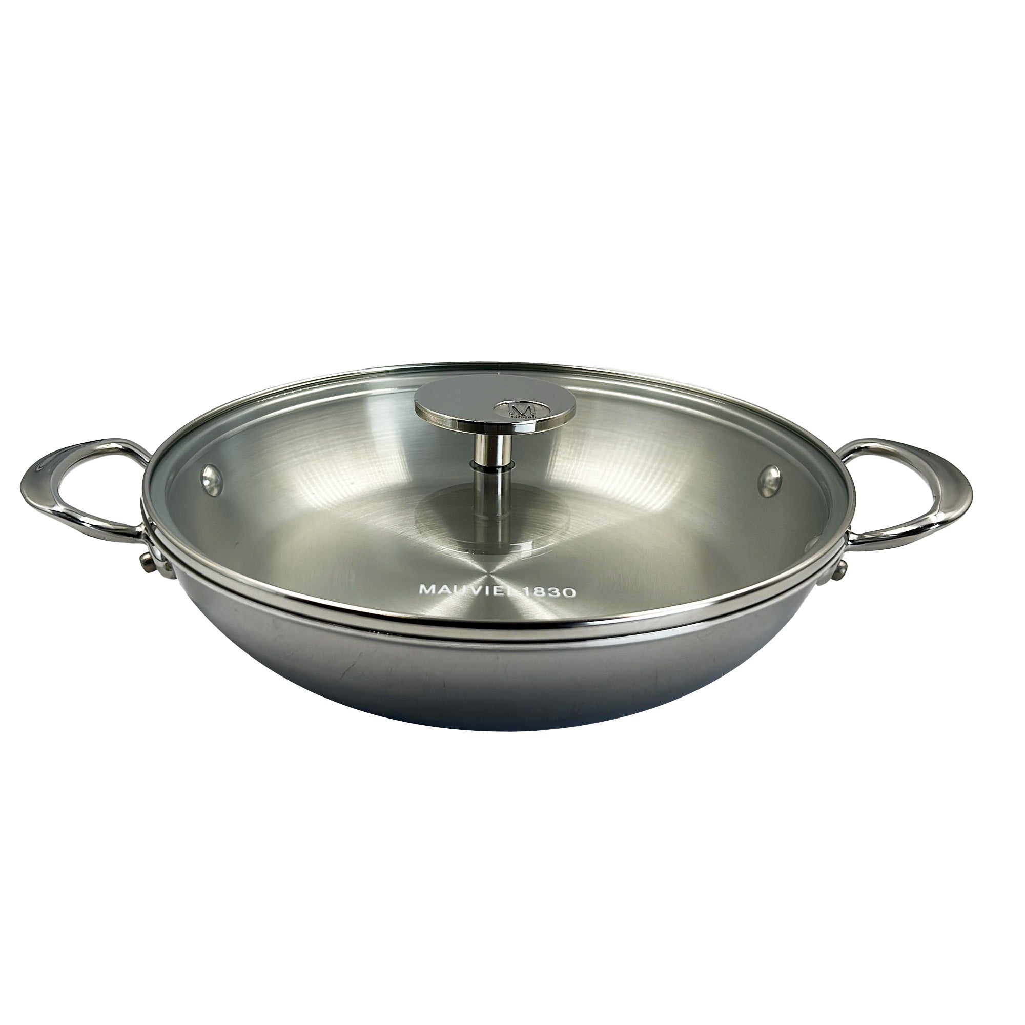 Mauviel M'COOK 5-Ply Round Pan With Glass Lid, Cast Stainless Steel Handles, 9.4-In