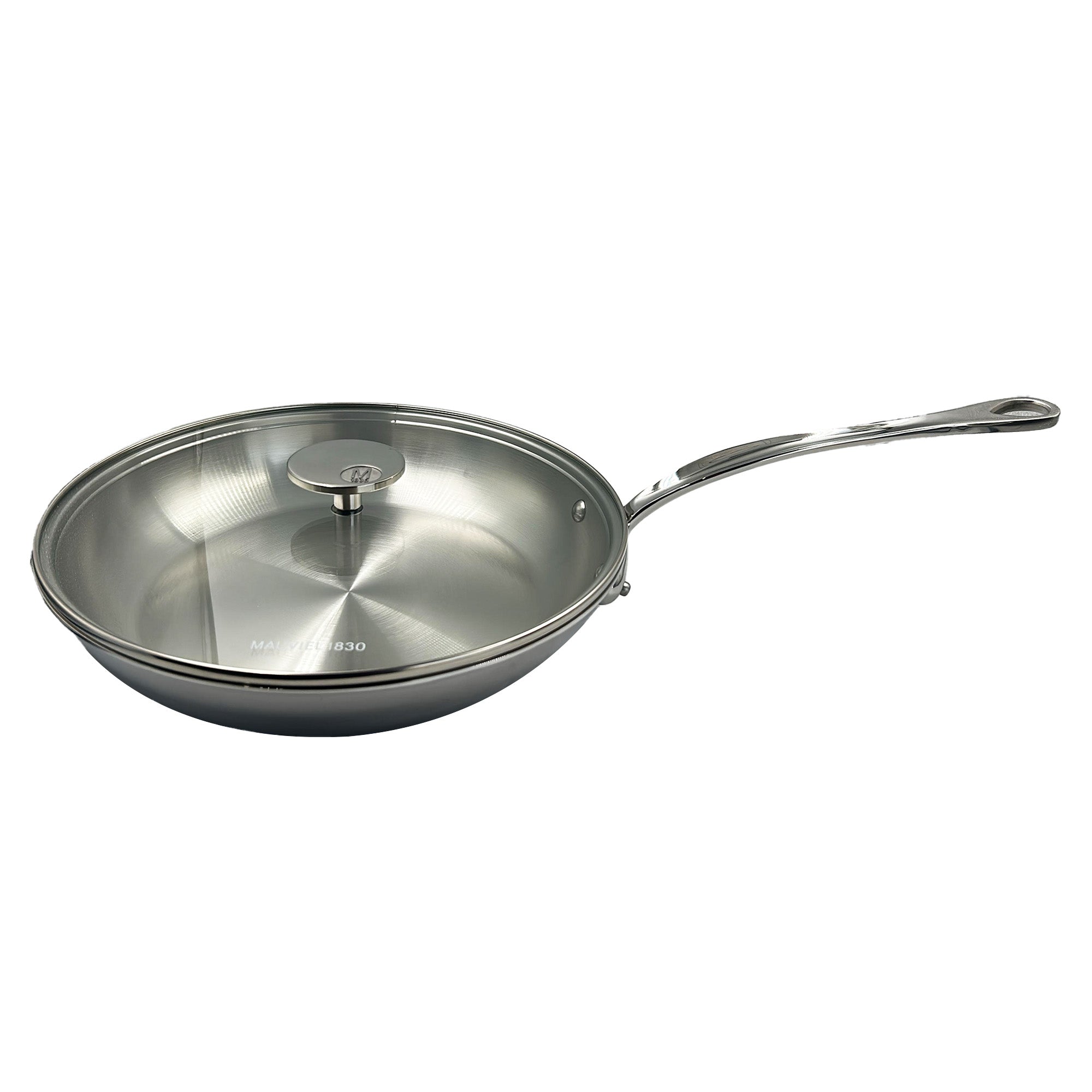 Mauviel M'COOK 5-Ply Frying Pan With Glass Lid, Cast Stainless Steel Handle, 11-In
