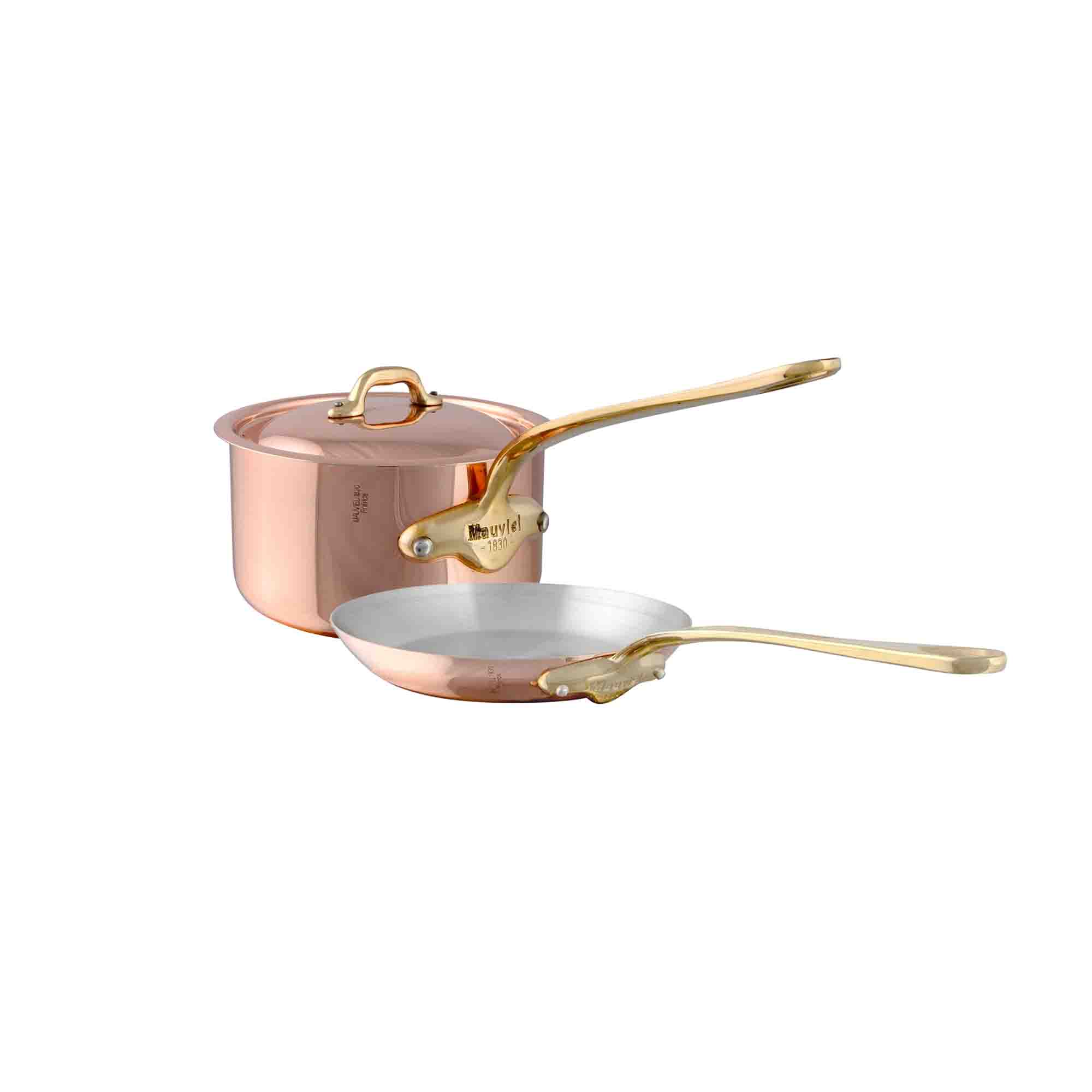 Mauviel M'Heritage M'150 B Copper Frying Pan 7.9-In and Sauce Pan 1.9-Qt Set With Brass Handle