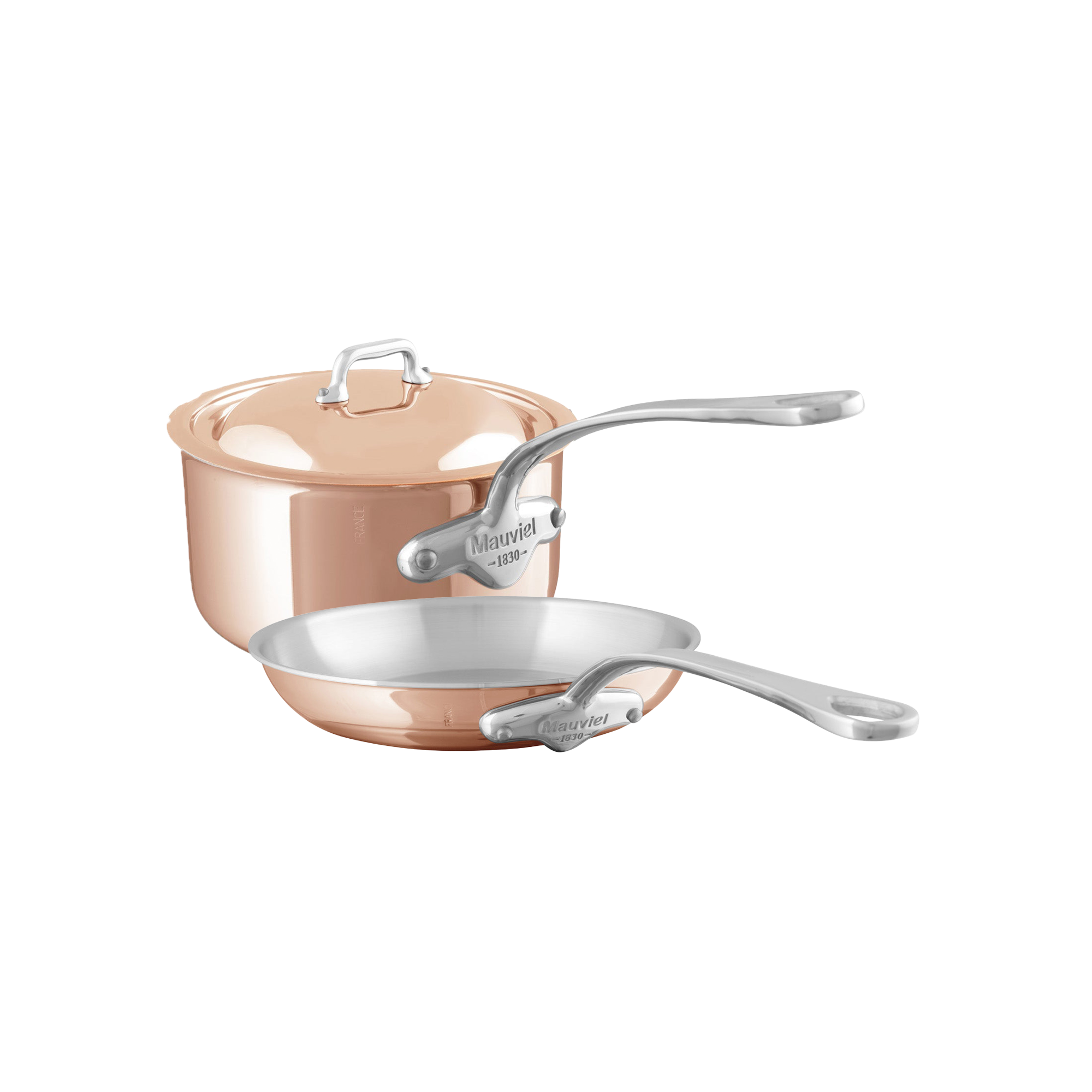 Mauviel M'Heritage M'6 S Induction Copper Sauce Pan 1.2-Qt and Frying Pan 7.9-In Set With Cast Stainless Steel Handle