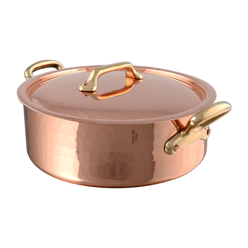 Mauviel M'Tradition Hammered Copper & Tin Inside Rondeau With Lid, Brass Handles, 10.6-Qt